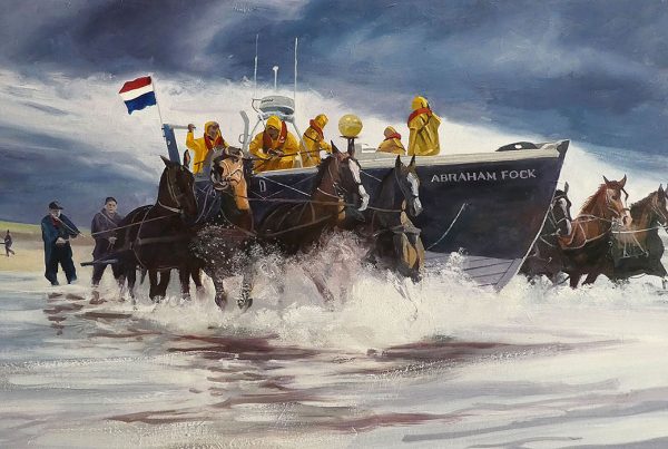 Launching the horse-drawn lifeboat Abraham Fock