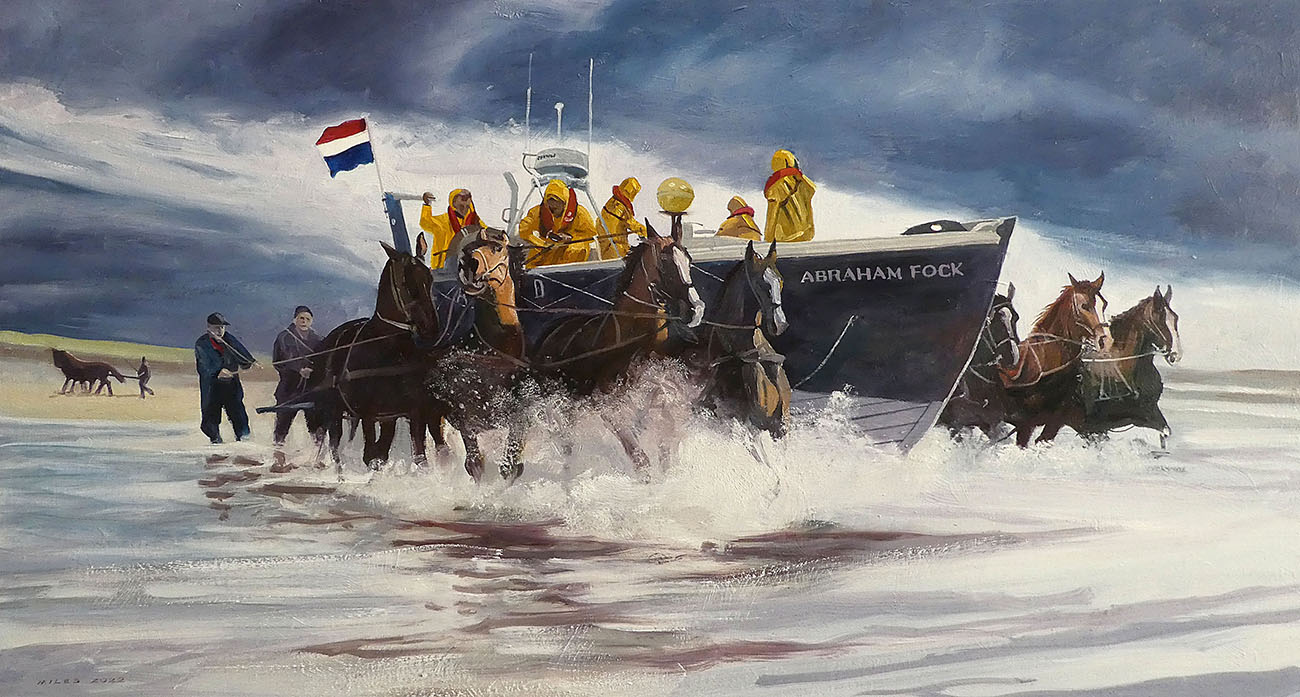 Launching the horse-drawn lifeboat Abraham Fock